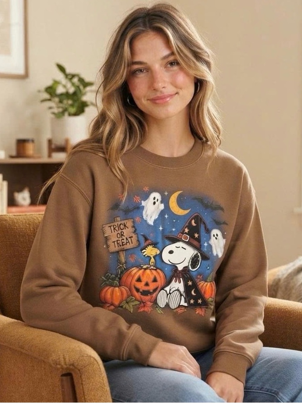 Snoopy Halloween Trick Or Treat Brown Sweatshirt Unisex Pumpkin Ghost Crewneck